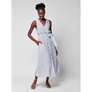 NWOT Margaux Stripe Belted Linen Midi Dress - Sleeveless Button-Front